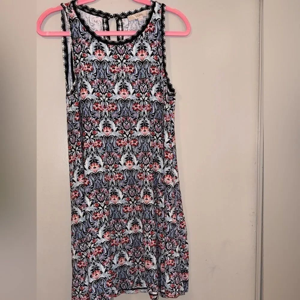 Loft boho beach midi swing dress keyhole back closure multi color sz M-Petite